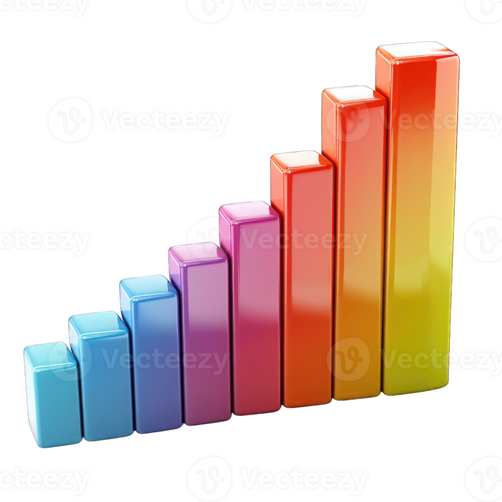 Colorful ascending bar chart representing growth and progress isolated on transparent background cutout png