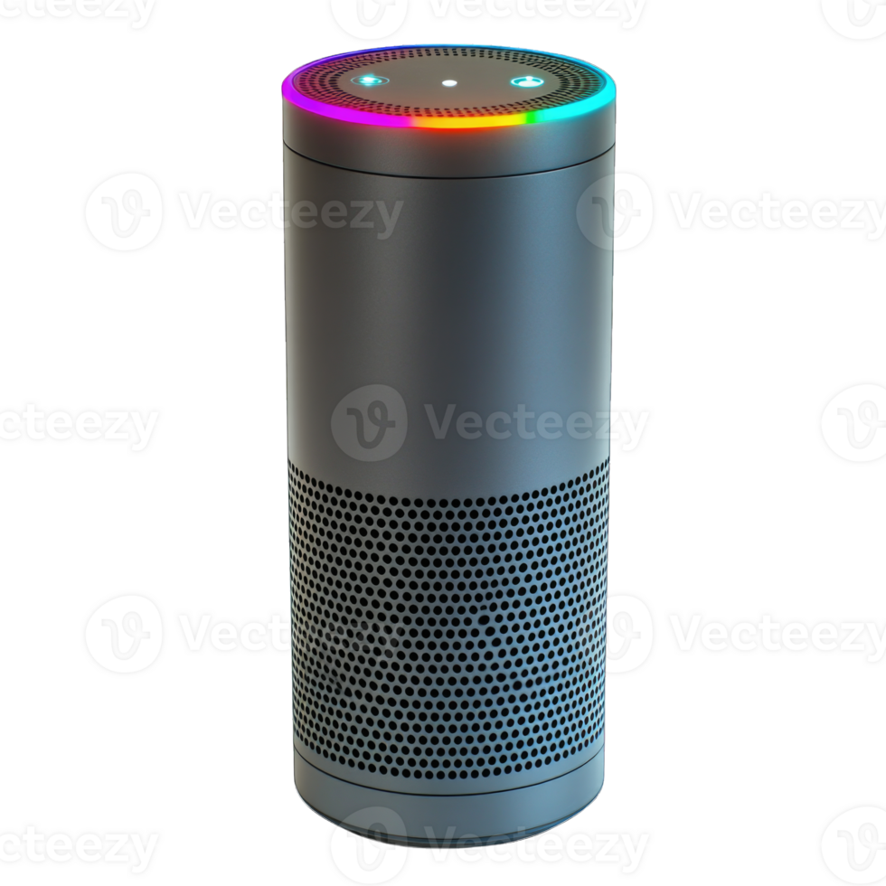 Smart speaker with colorful LED lights and sleek design isolated on transparent background cutout png