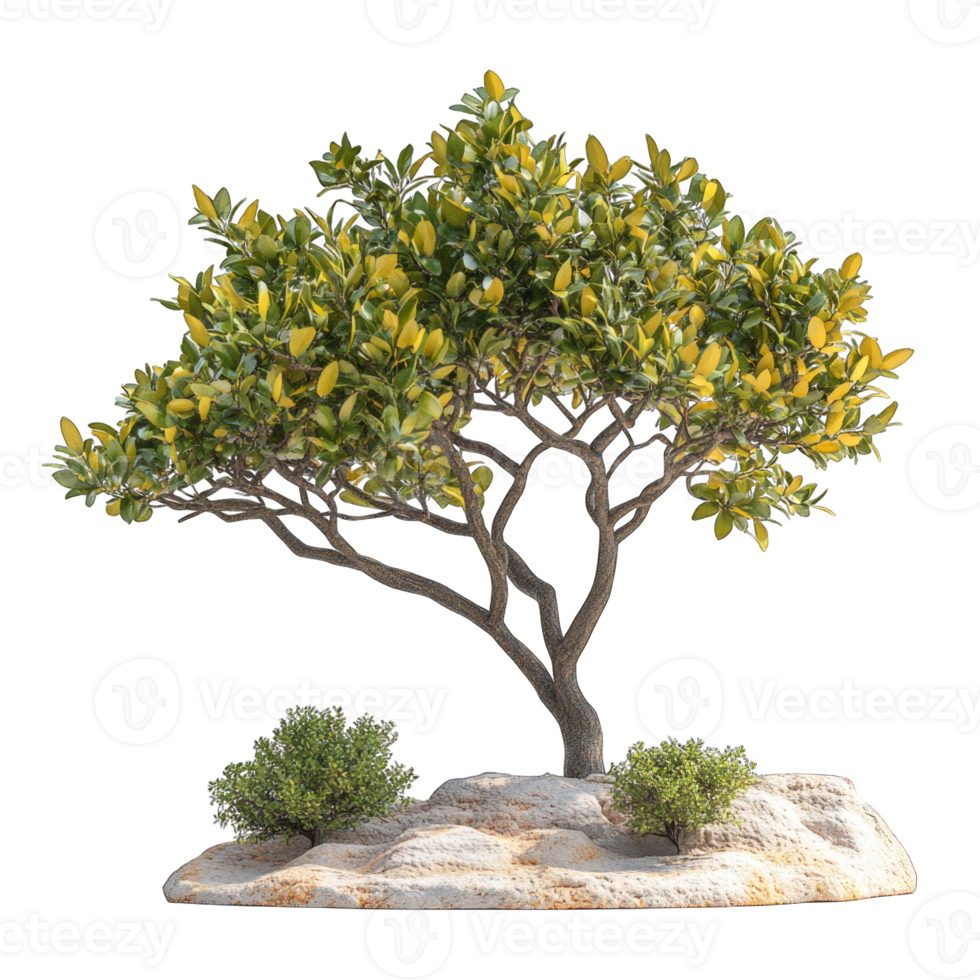 Beautiful green and yellow tree with intricate branches isolated on transparent background cutout png