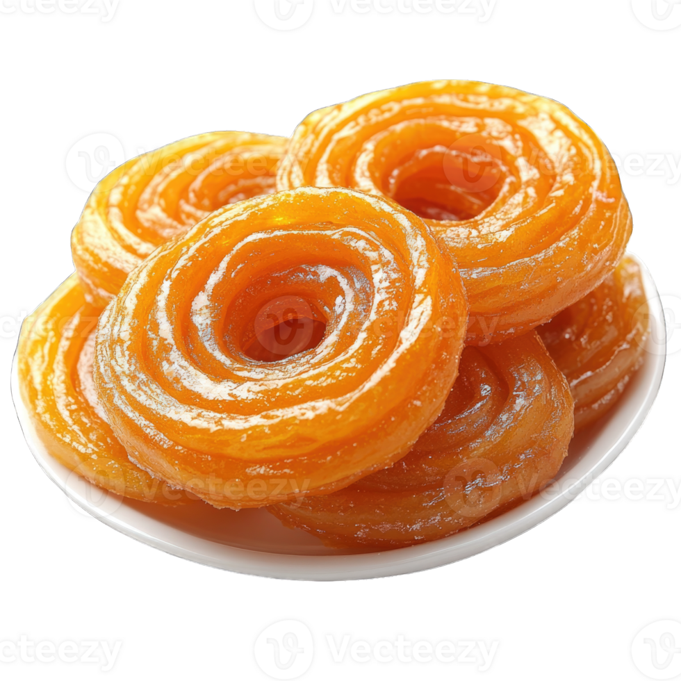 Sweet golden jalebi dessert served on a white plate with shiny syrup droplets isolated on transparent background cutout png