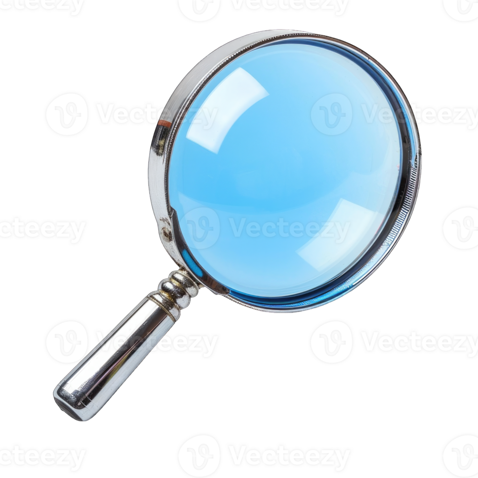 Magnifying glass with blue lens for detailed exploration isolated on transparent background cutout png