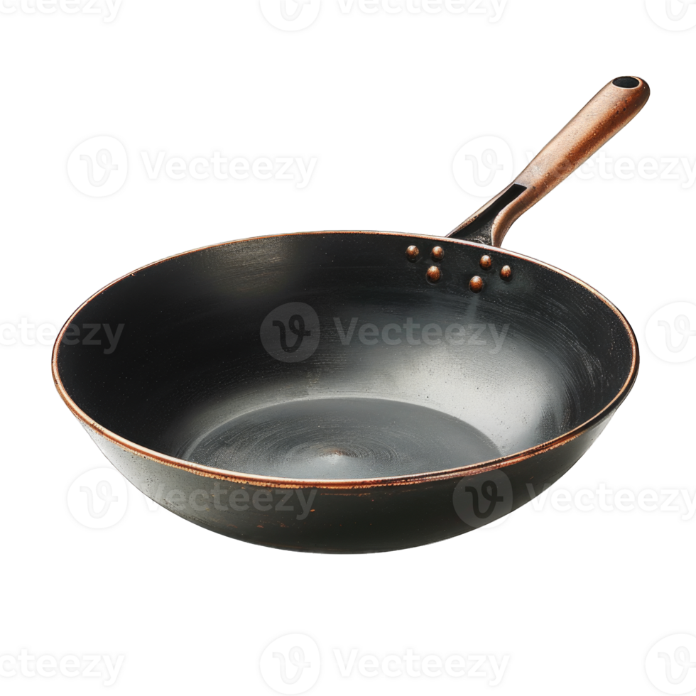 High-quality black wok with wooden handle isolated on transparent background cutout png