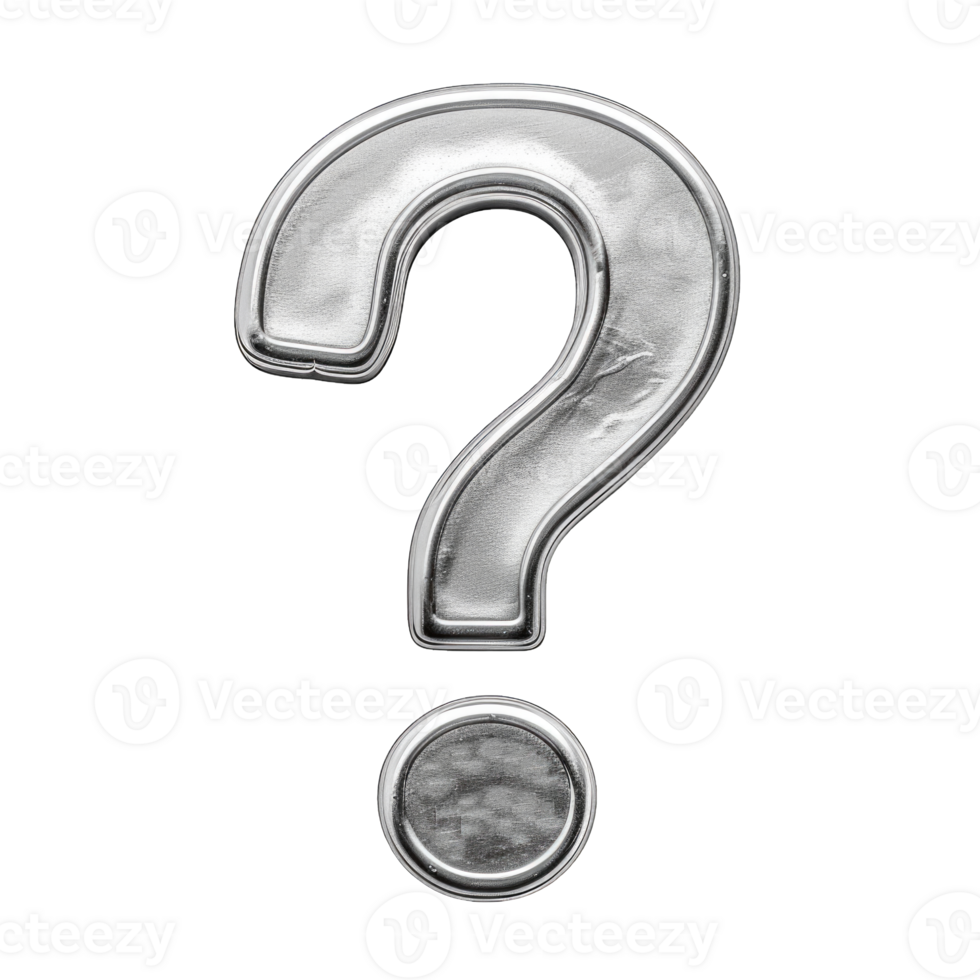 Question mark symbol in shiny silver color isolated on transparent background cutout png