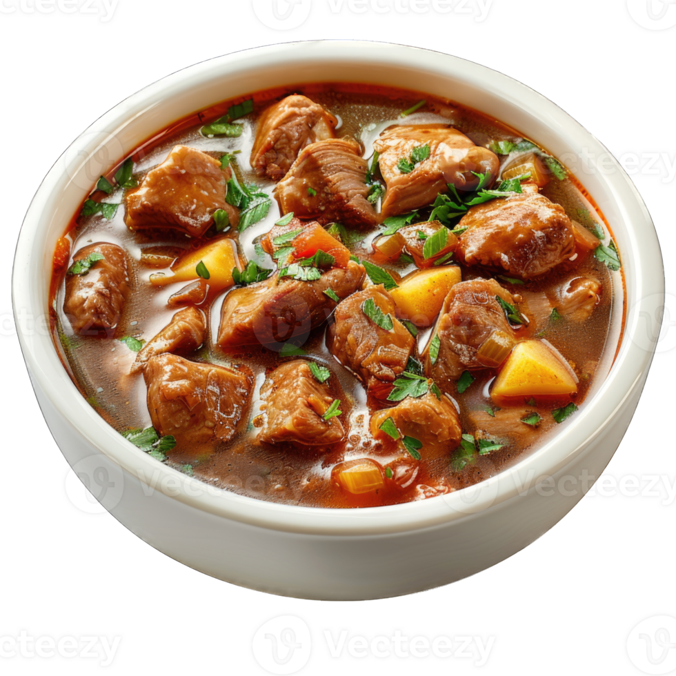 Hearty beef stew with tender chunks of meat, vegetables, and herbs in a rich broth, isolated on transparent background cutout png