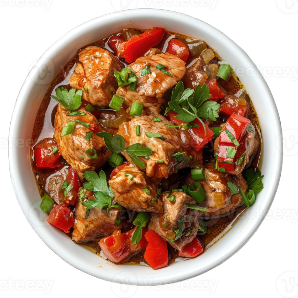 Savory chicken stew with colorful vegetables served in a white bowl isolated on transparent background cutout png