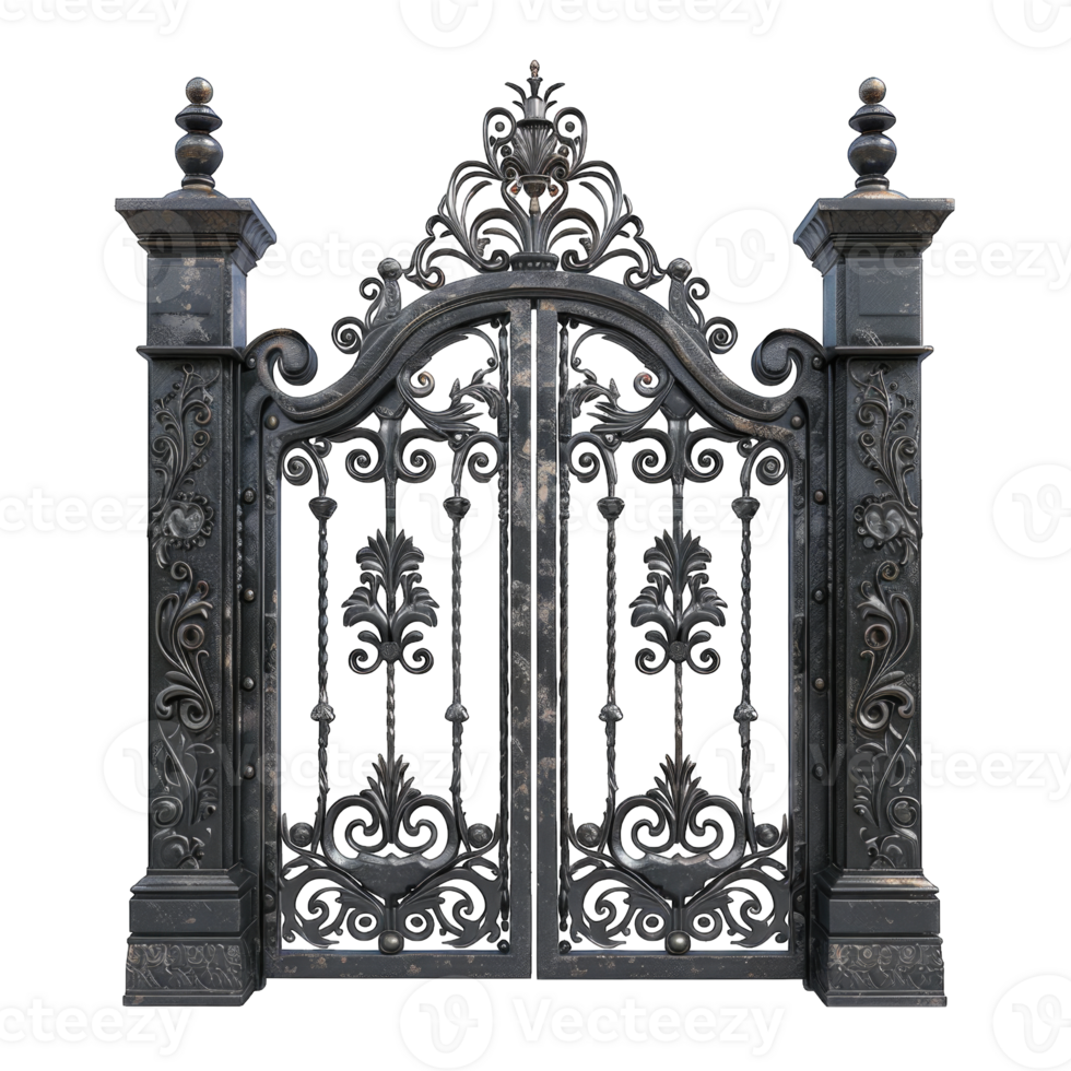 Decorative wrought iron gate with intricate floral patterns isolated on transparent background cutout png