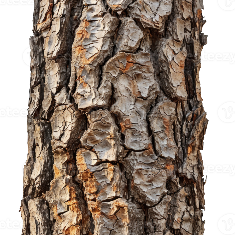 Detailed close-up of rough tree bark texture isolated on transparent background cutout png