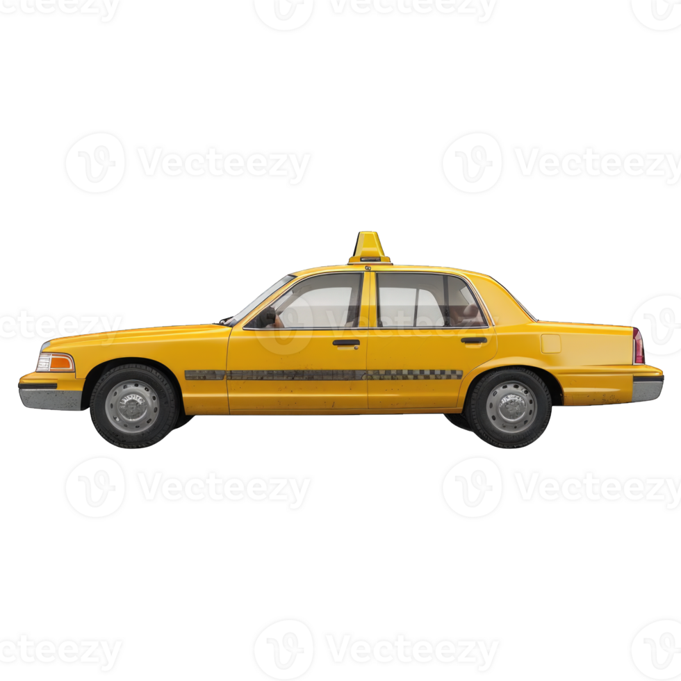 Yellow taxi cab driving on city streets during daytime isolated on transparent background cutout png