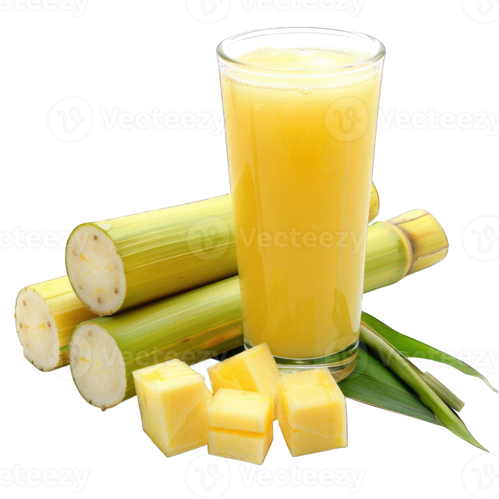 Fresh sugarcane juice served in a glass with cut sugarcane stalks and cubes isolated on transparent background cutout png