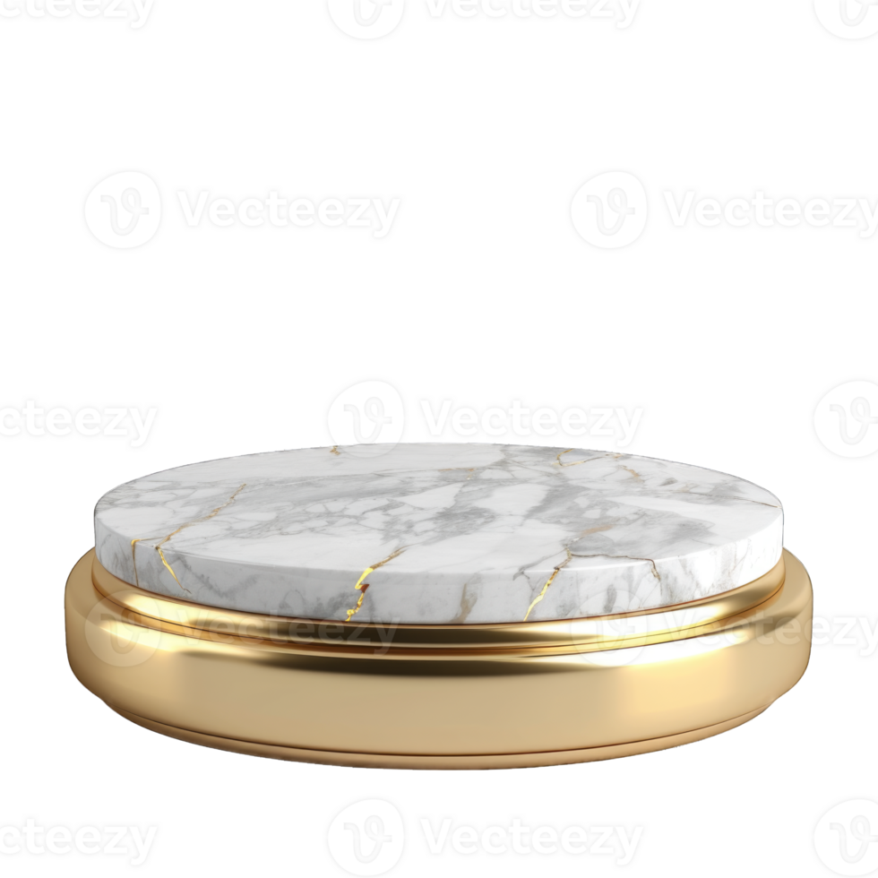 Elegant round marble and gold display pedestal for showcasing products, isolated on transparent background cutout png
