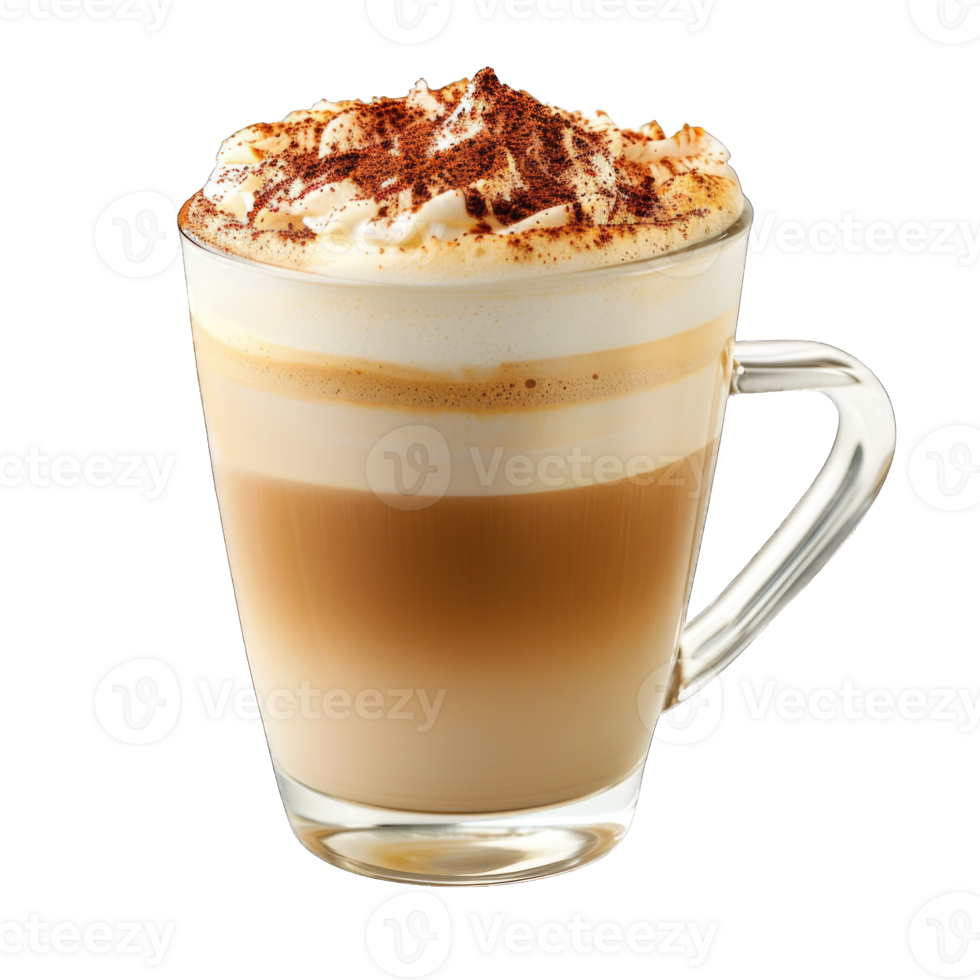 Creamy latte topped with whipped cream and cocoa powder isolated on transparent background cutout png