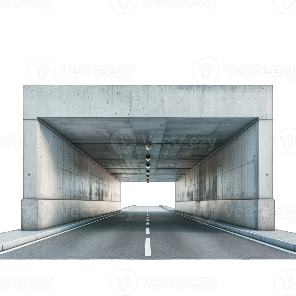 Concrete tunnel with illuminated ceiling and empty road leading to bright exit isolated on transparent background cutout png