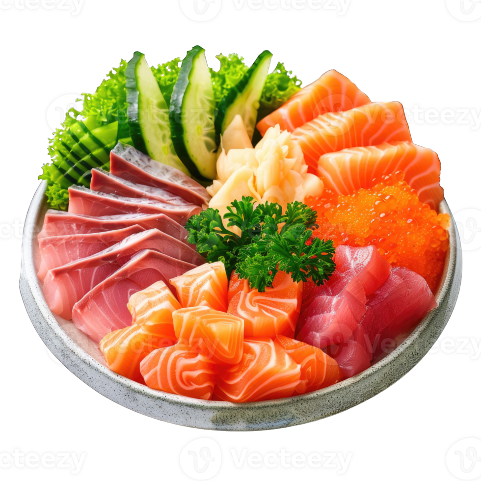 Delicious assortment of fresh sashimi and sushi with a variety of fish and vegetables isolated on transparent background cutout png