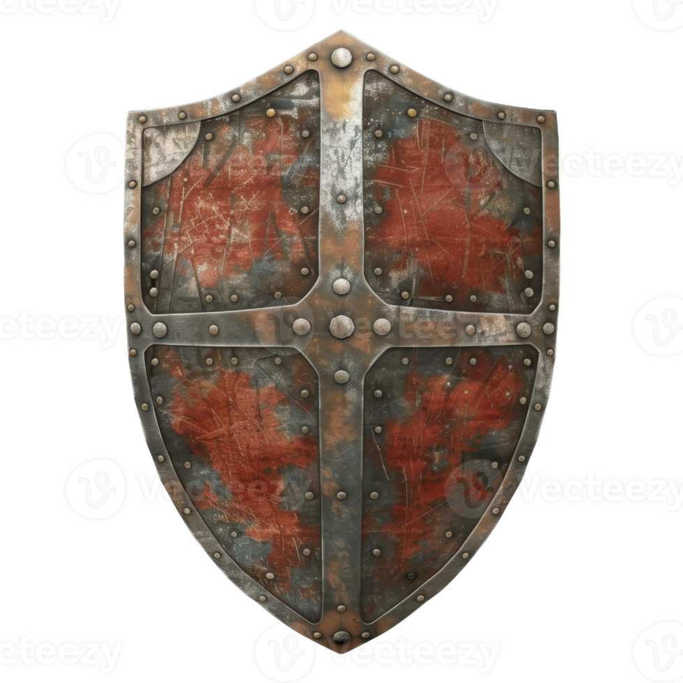Vintage Medieval Shield With a Weathered Finish and Rusty Red Accents png