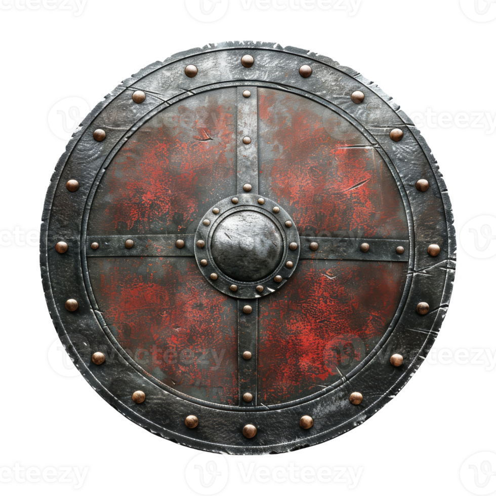 Ancient Round Shield Adorned With Rivets and a Weathered Finish png