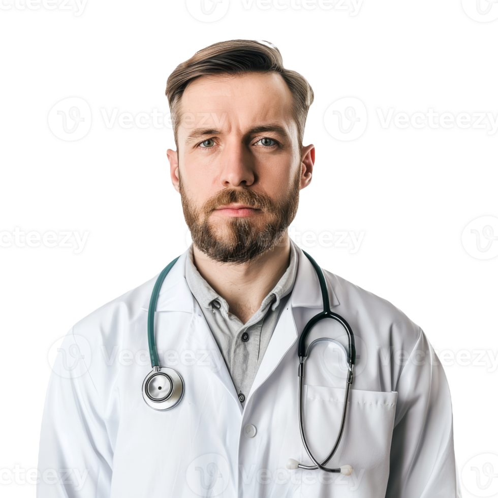 Doctor in a White Coat With a Stethoscope, Posing for a Portrait in a Clinic Environment png