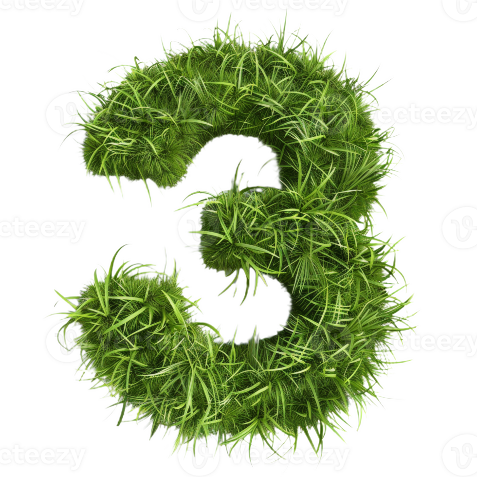 Number 3 Shaped from Dense Green Grass. Lush Grass Number Three on Isolated Background png