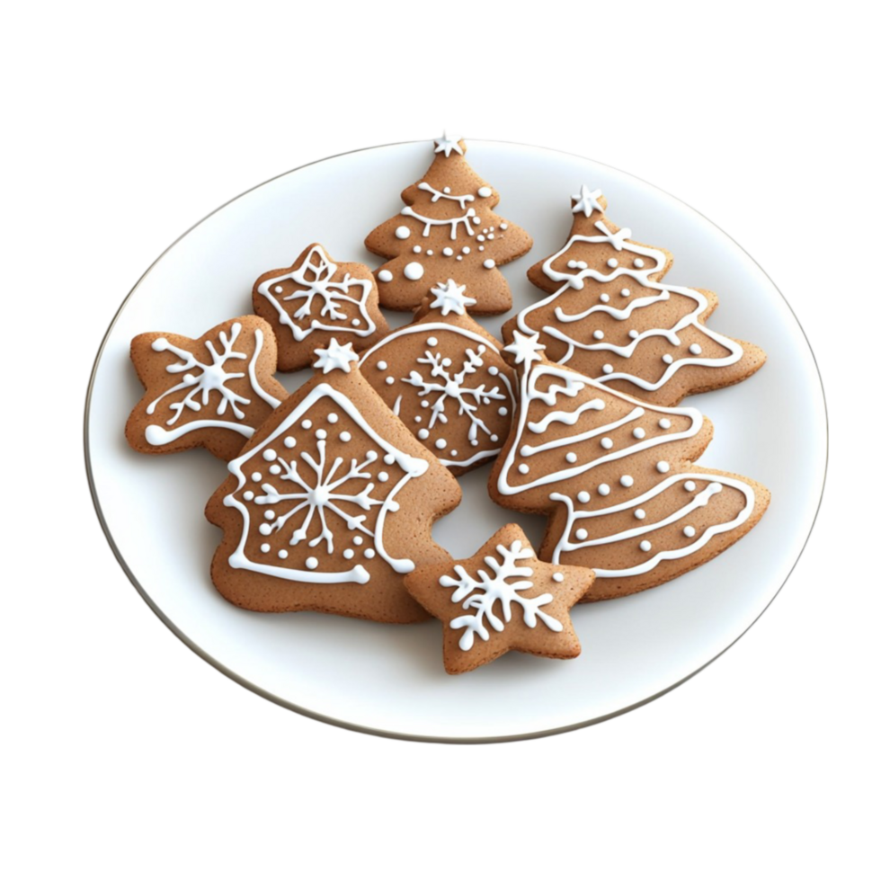 Plate of Holiday Gingerbread Cookies with White Frosting png