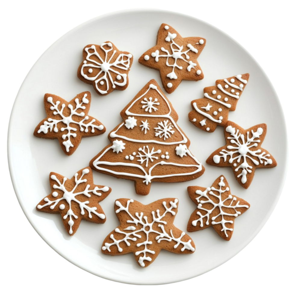Delicious Gingerbread Cookies with White Icing on a Plate png