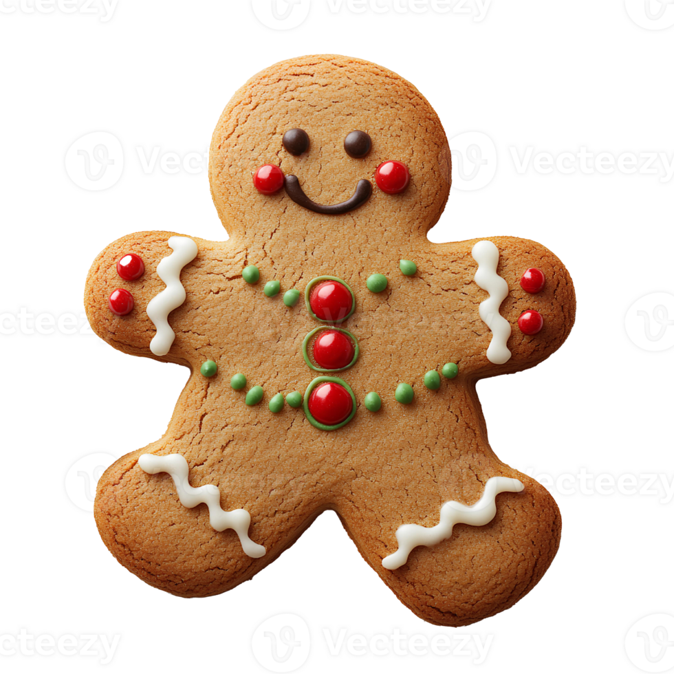 Gingerbread man cookie set . Classic holiday cookie with festive red and green icing accents on buttons and edges. Christmas gingerbread man top view . Gingerbread man cookie flat lay isolated png