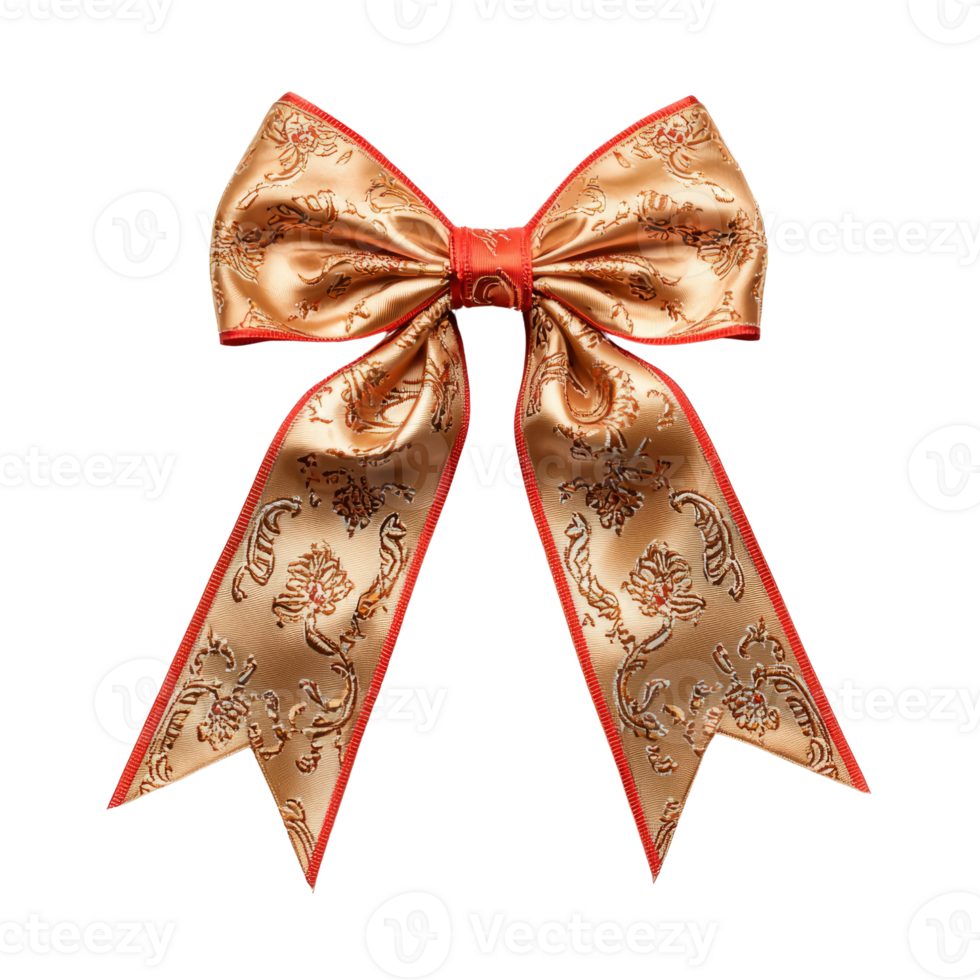 Elegant gold ribbon bow with intricate floral patterns and red edges, perfect for gift wrapping or decoration, adding touch of luxury and charm to any occasion png