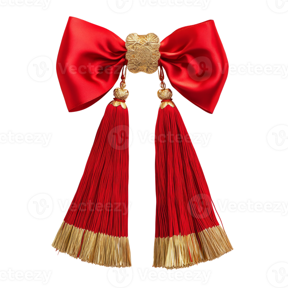 vibrant red bow with golden tassels, perfect for festive occasions and celebrations. intricate design adds elegance and charm to any outfit or decoration png