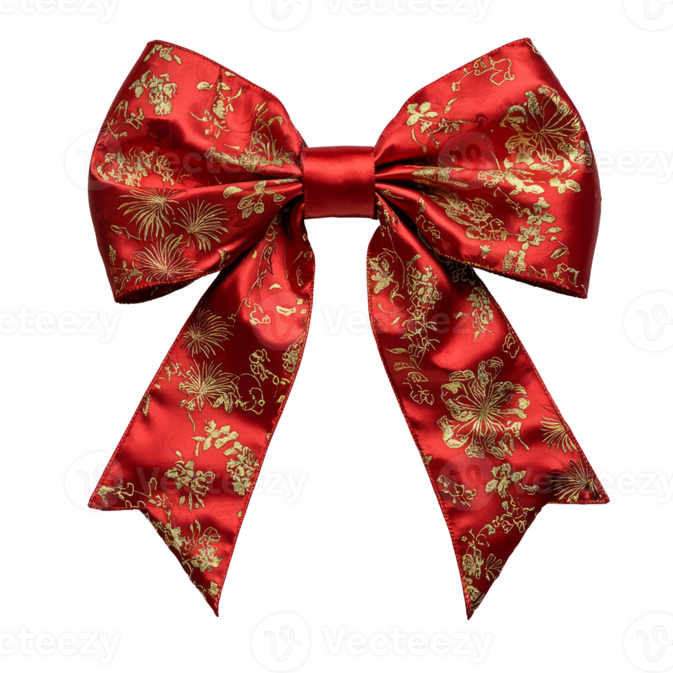 large red satin bow with gold floral patterns, perfect for gifts or decorations. Its vibrant color and intricate design add elegance and charm to any occasion png