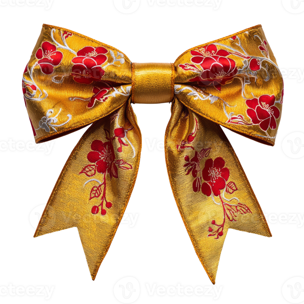 Decorative golden bow with red floral patterns, perfect for gifts or crafts, adding touch of elegance and charm to any occasion png