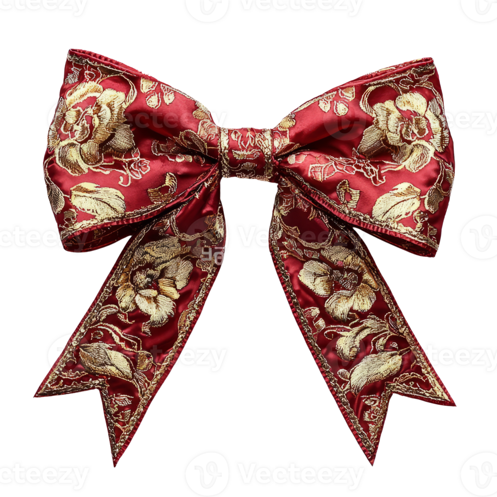 Elegant red satin bow with floral patterns, perfect for gifts or decorations. This luxurious accessory adds touch of sophistication to any occasion png