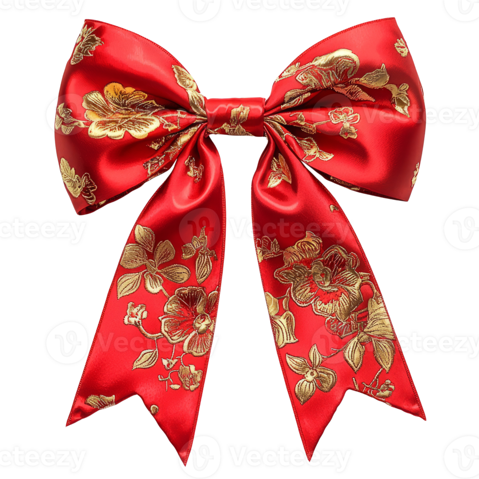 vibrant red satin bow adorned with golden floral patterns, perfect for decorations or fashion accessories. Its elegant design adds touch of sophistication png