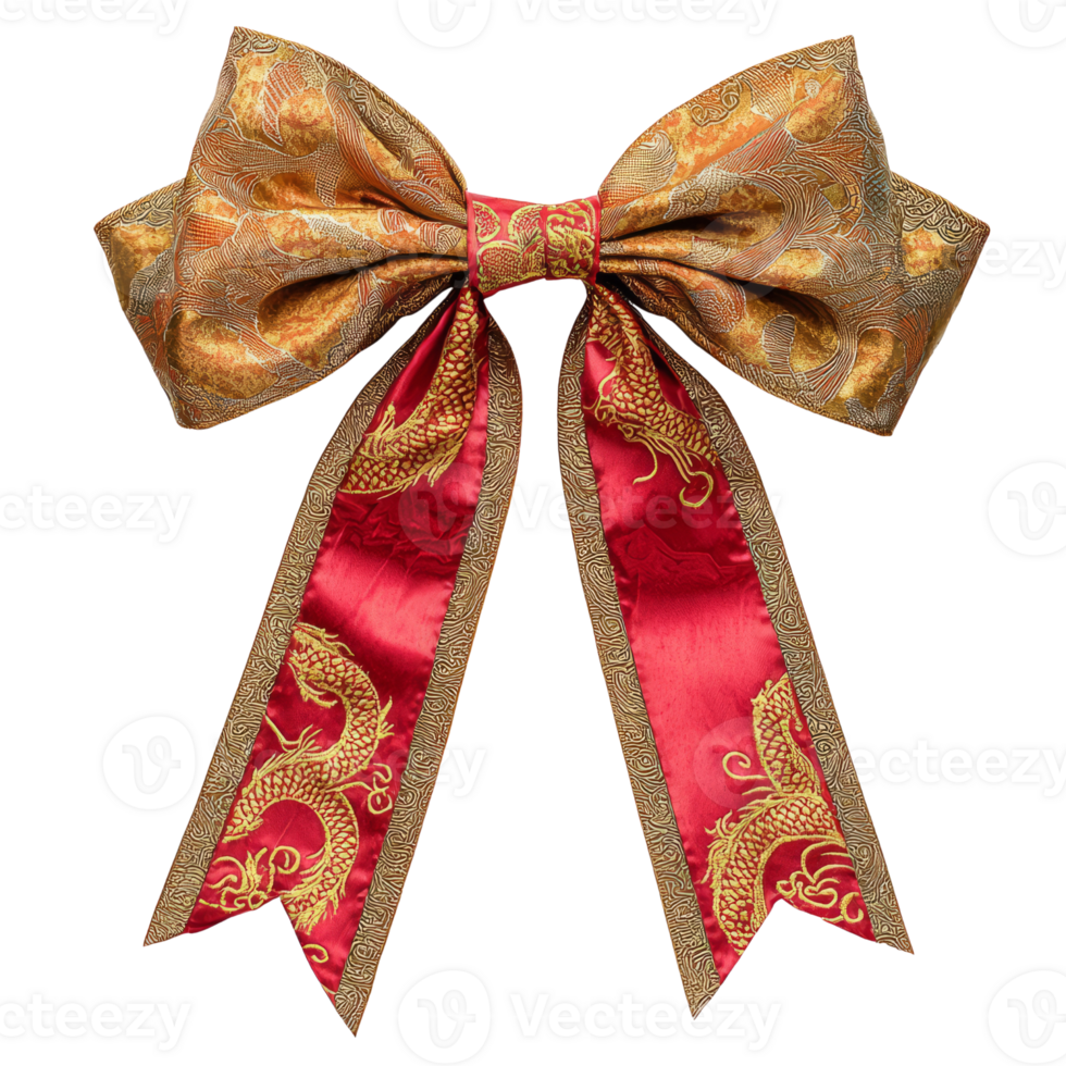 decorative bow featuring intricate gold and red patterns, ideal for festive occasions. design includes dragon motifs, adding touch of elegance and cultural significance png