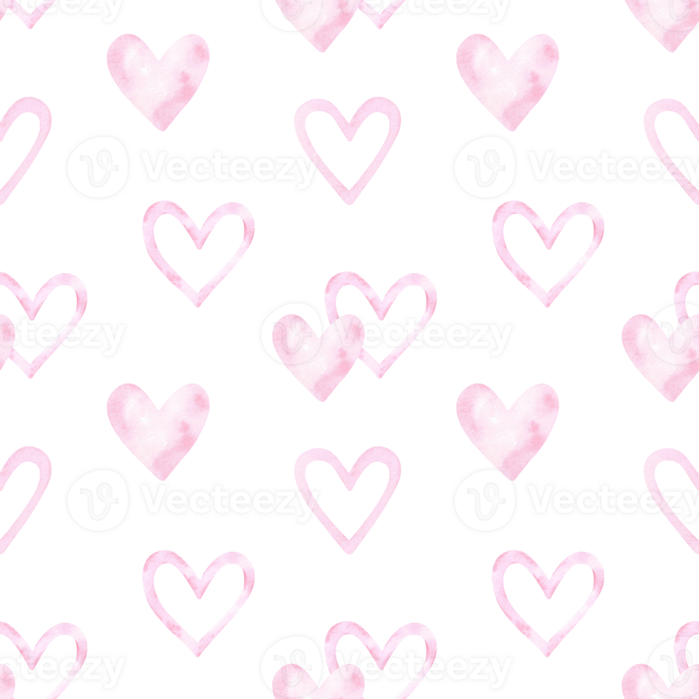 Watercolor seamless pattern with hearts. Festive print for Valentine's Day. Romantic, girly drawing of hearts. Illustration for design and decoration of wallpaper, background, wrapping paper. png
