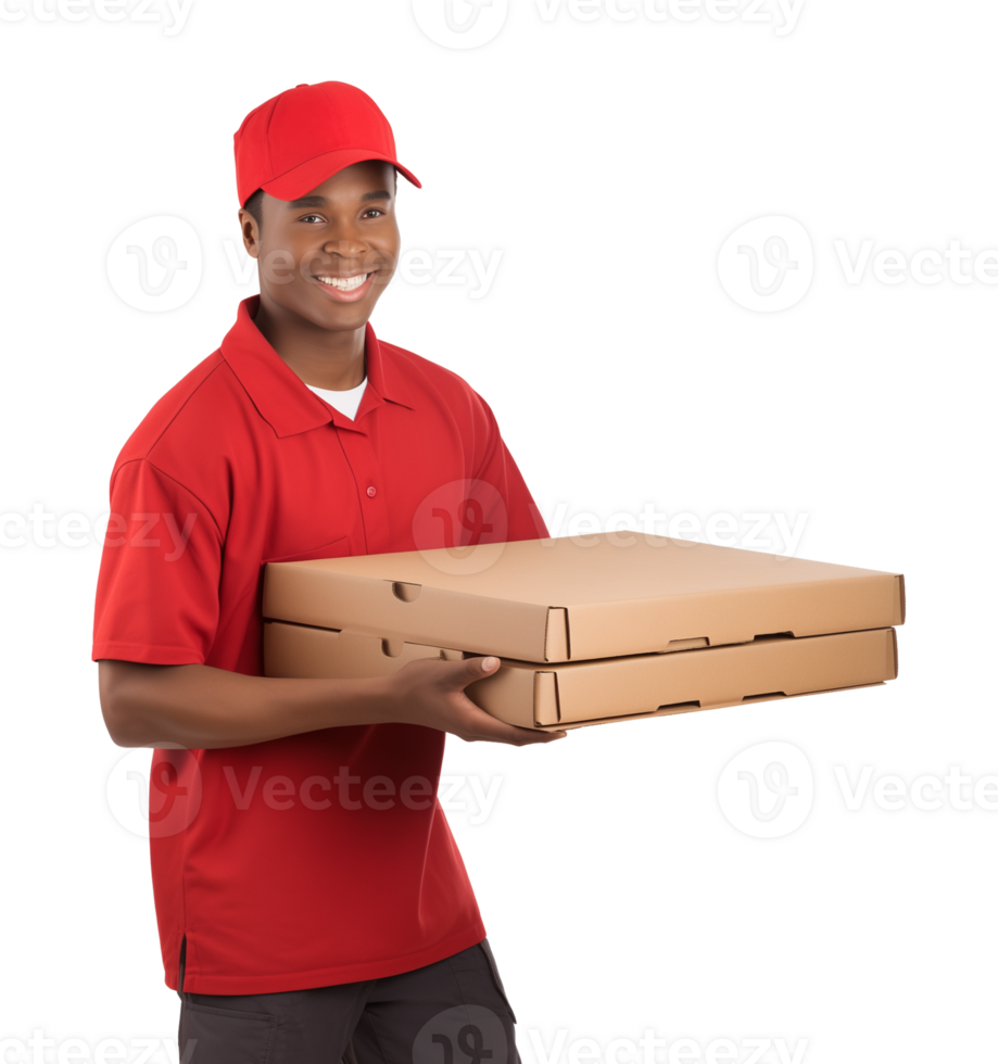 African American Pizza Delivery Man Isolated on Transparent Background png