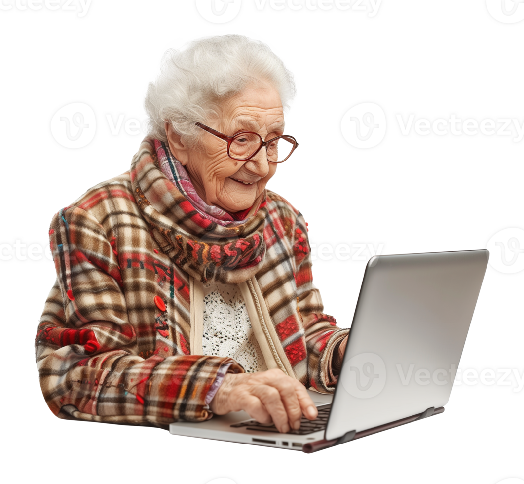 Grandmother Using Laptop Isolated on Transparent Background png