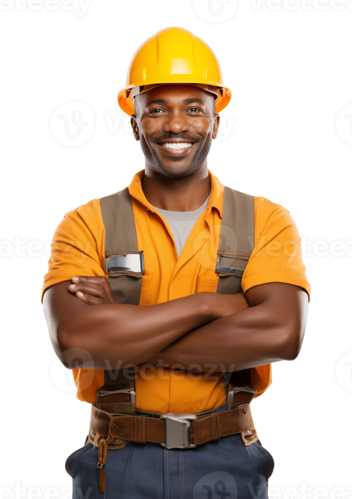 African American Construction Worker Crossed Arms Isolated on Transparent Background png