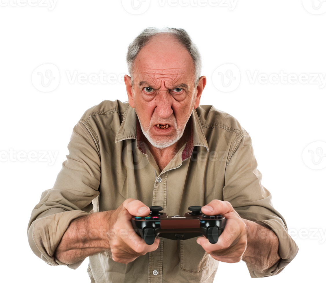Angry Old Man Holding a Controller Playing Game Isolated on Transparent Background png