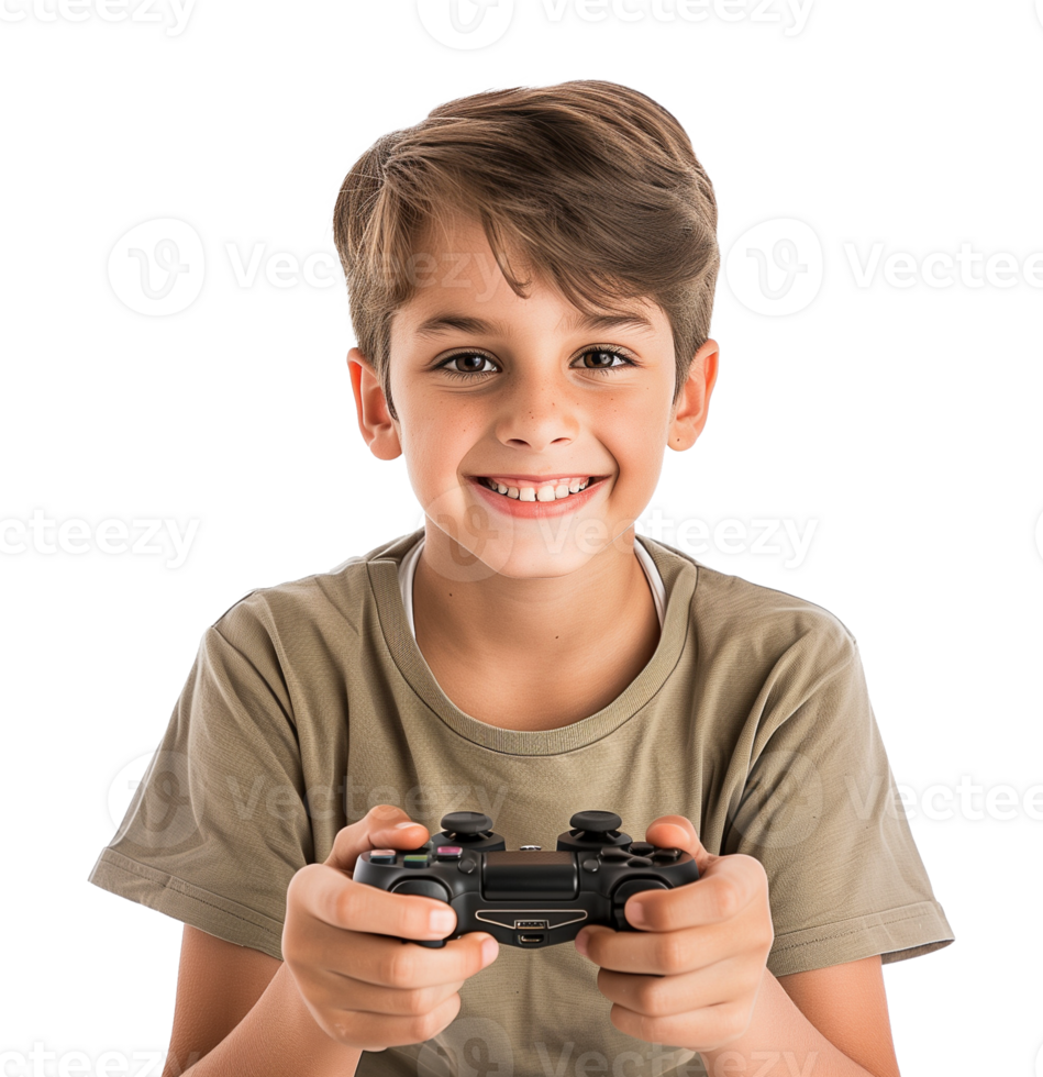 Happy Kid Gamer Holding a Game Console Controller Playing Game Isolated on Transparent Background png