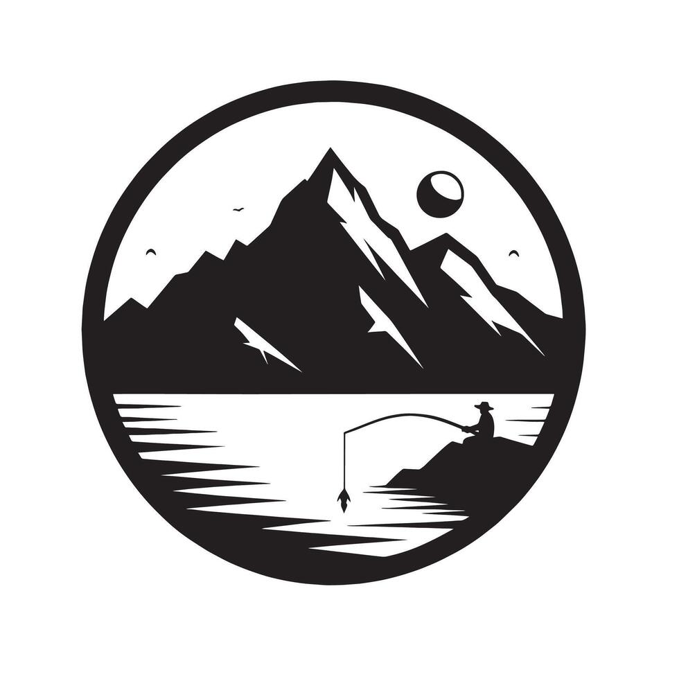 silhouette fisherman fishing on the lake with background mountain vector