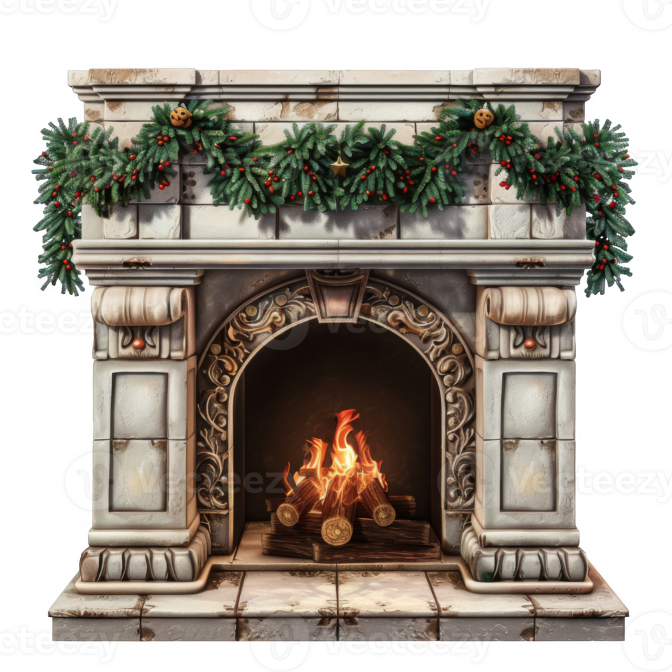Ornate Stone Fireplace with Christmas Garland and Fire png