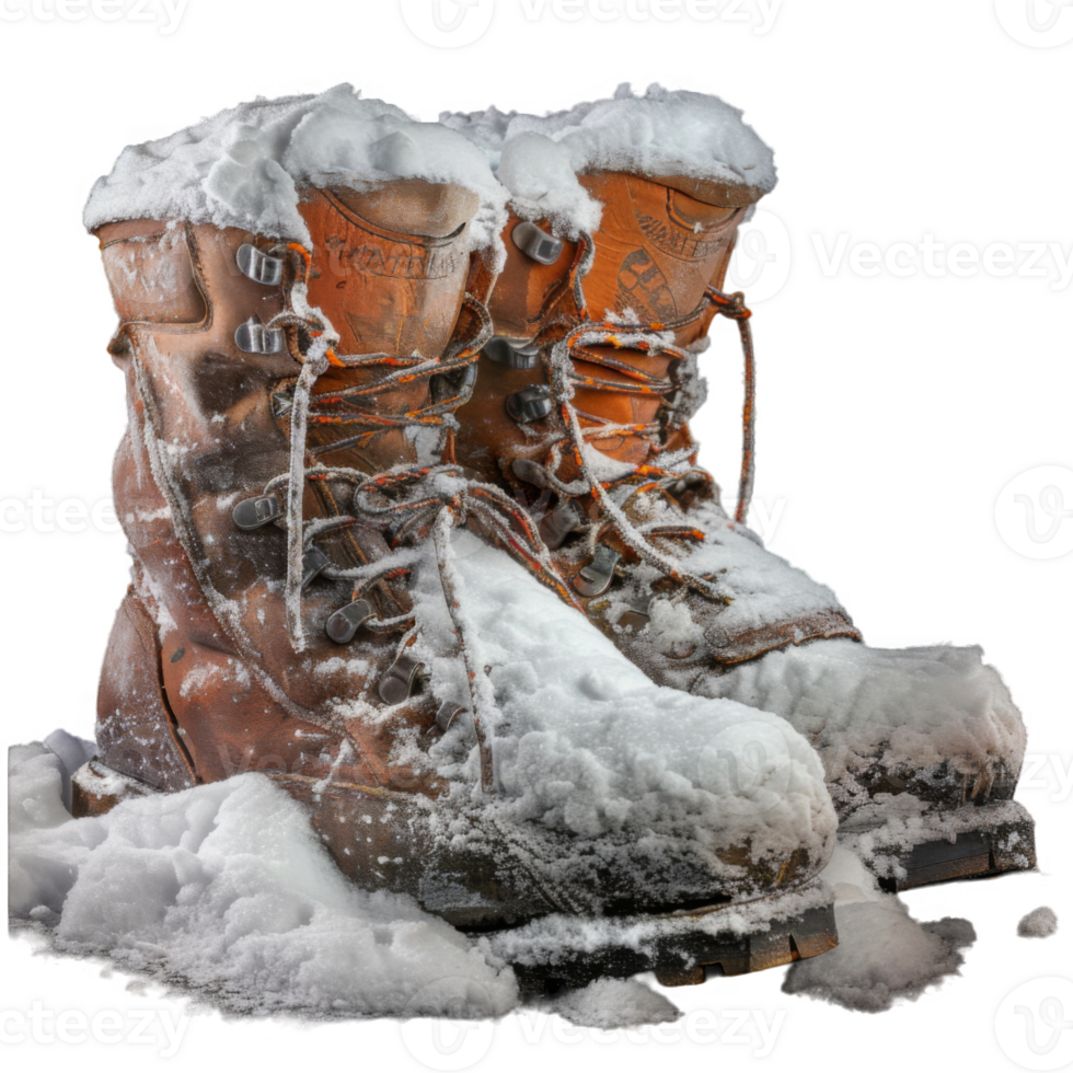 A pair of leather boots covered in snow, sitting on a snowy surface. png