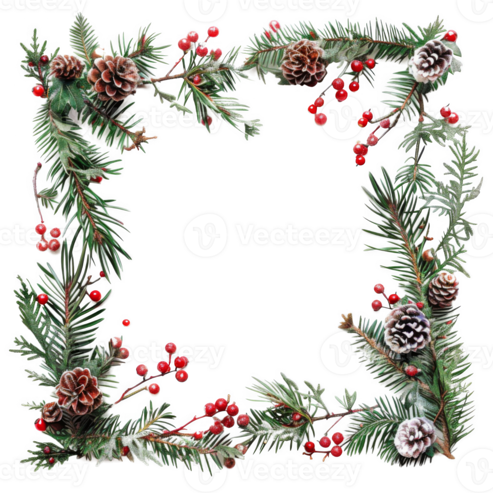 Frosted Pine Branches with Red Berries and Pinecones Frame png