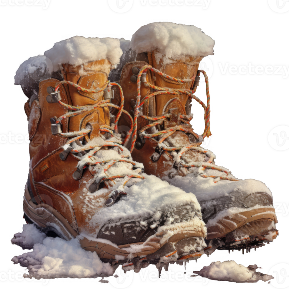 Snow-Covered Hiking Boots with Icicles Hanging from the Sole png