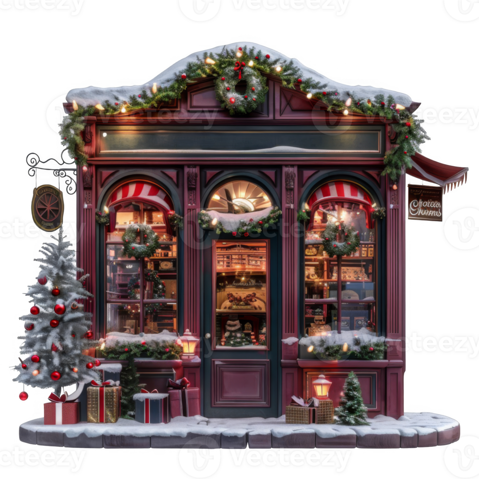 Festive Storefront Decorated for Christmas with Snowy Roof and Presents png