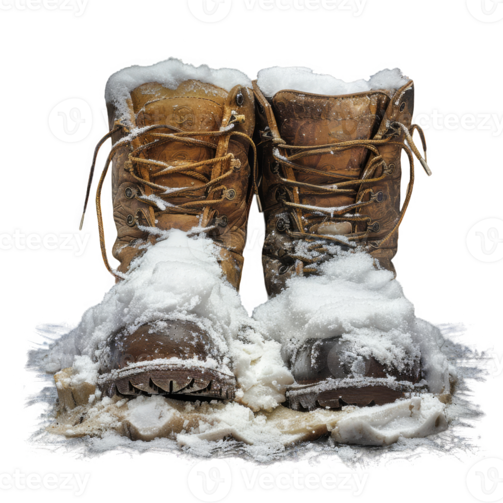 Brown Leather Boots Covered in Snow on Black Background png