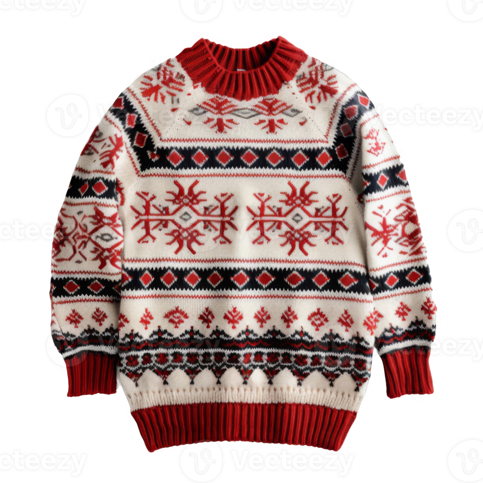 Red and White Knitted Sweater with Geometric Pattern png