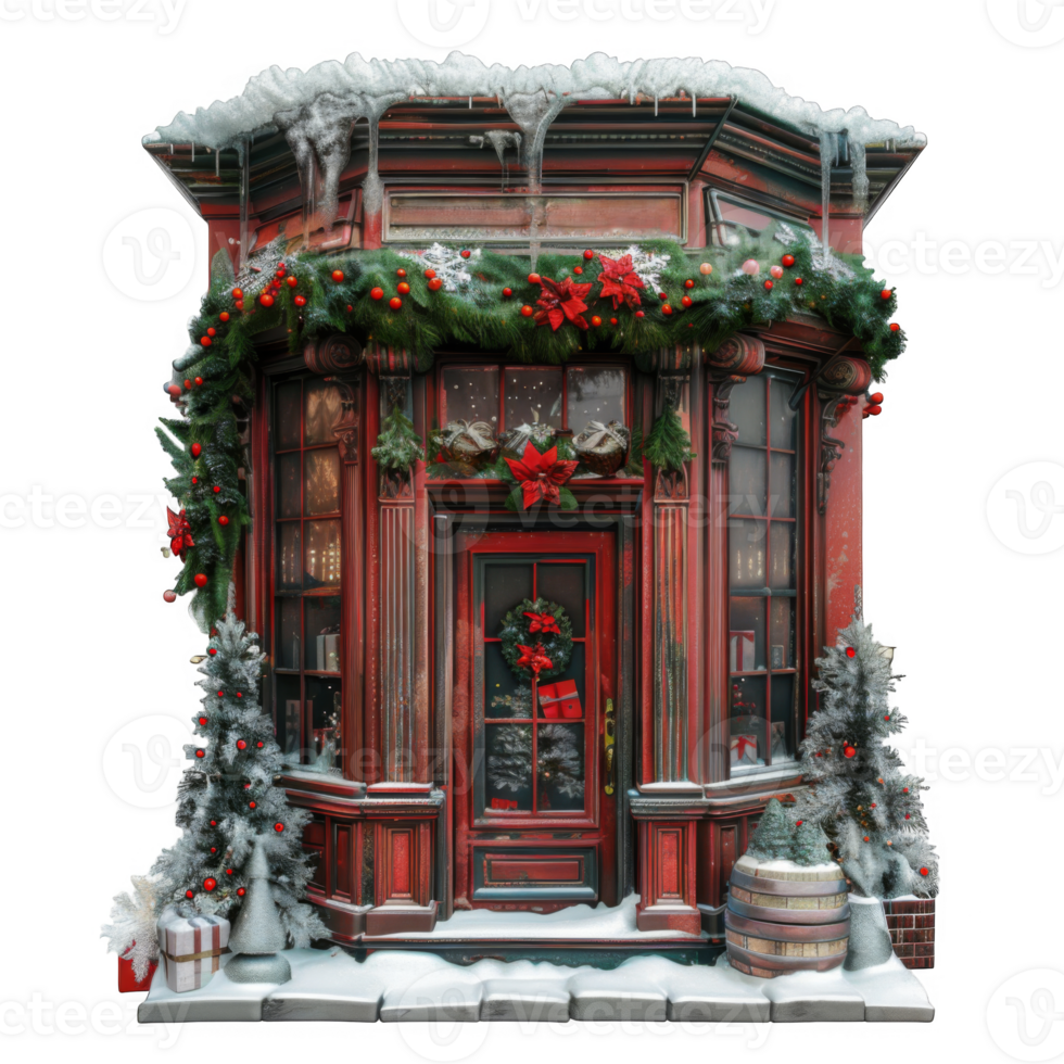 Festive Red Storefront with Icicles and Christmas Decor png