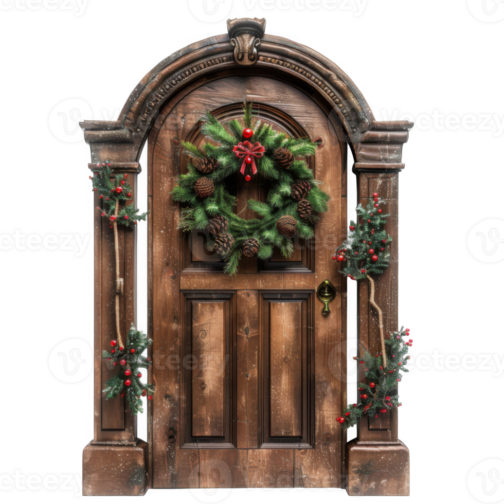 Ornate Wooden Door with Christmas Wreath and Garland png