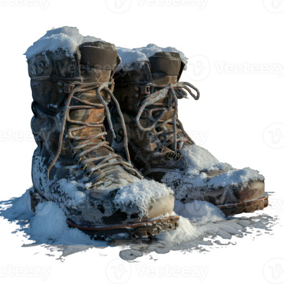 A Pair of Worn Leather Boots Covered in Snow png