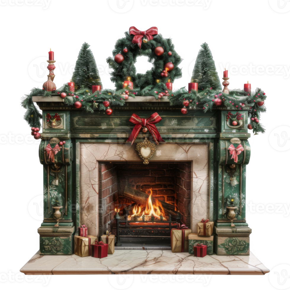 Ornate Green Fireplace Decorated with Christmas Elements png