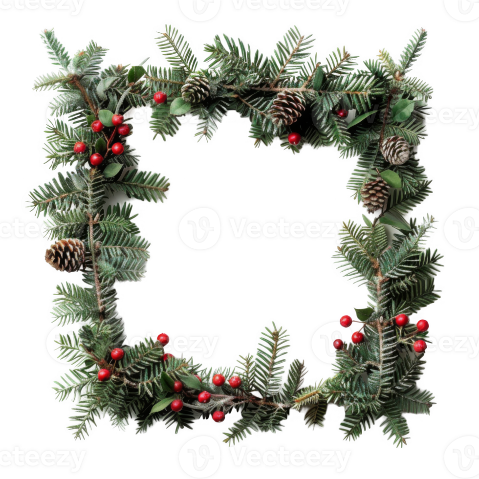 Square Frame of Evergreen Branches with Red Berries and Pine Cones png